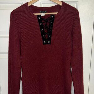 Venus maroon burgundy tunic sweater with lace up chest